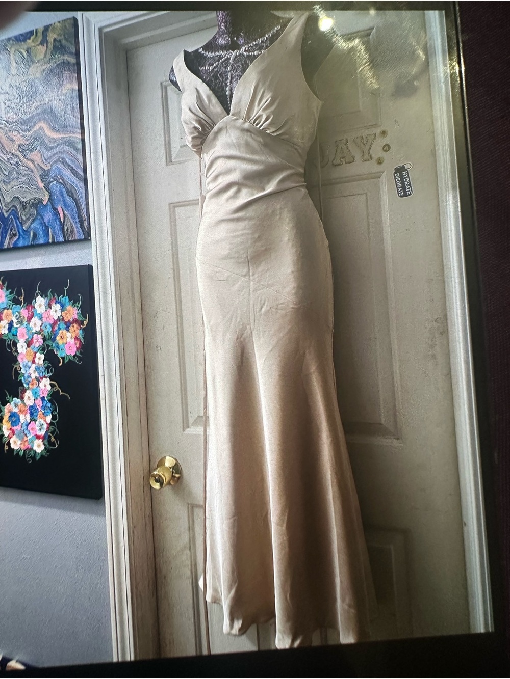 Golden Satin V-Neck Maxi Dress - Picture 1 of 6